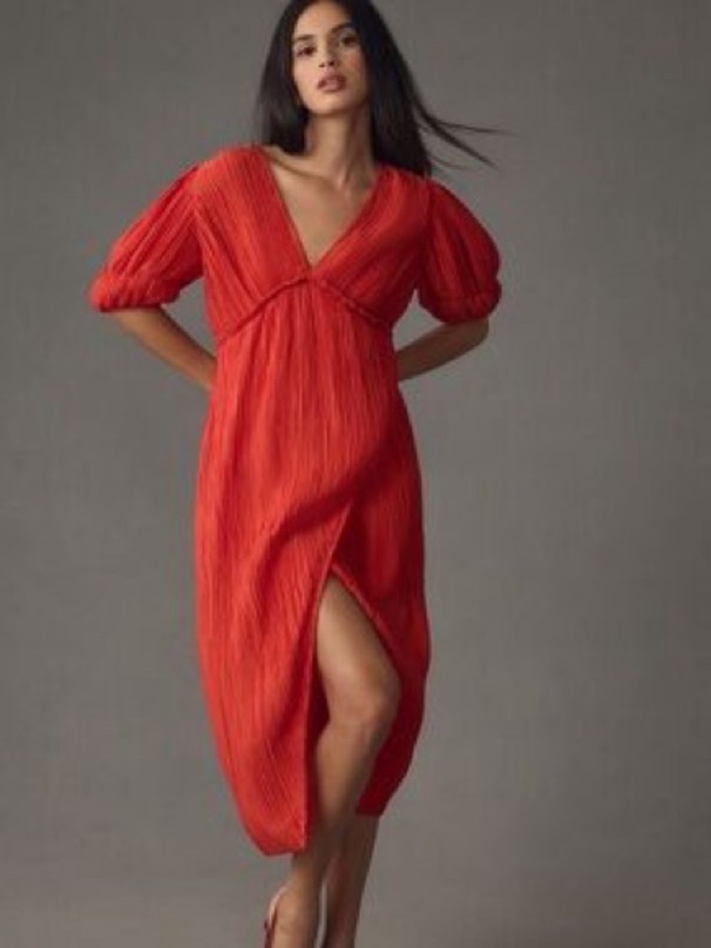 Anthropologie Red V-Neck Puff Sleeve Midi Dress